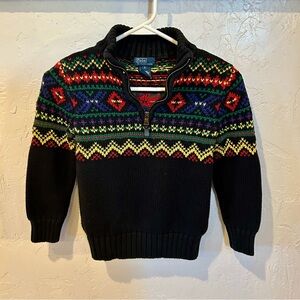Ralph Lauren Black Zip-Up Sweater with Multicolor Patterns